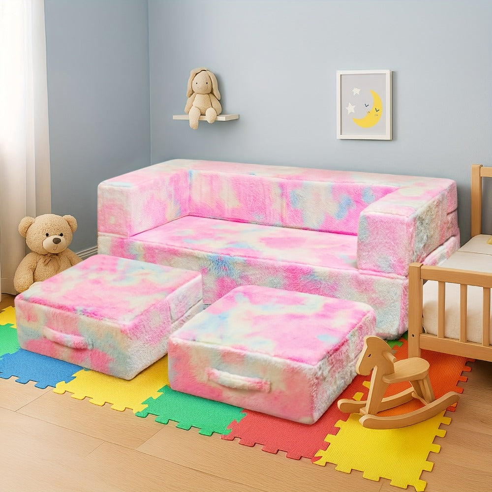 Plush-Covered Modular Kids Sofa Bed with Fold-Out Lounger, Two Ottomans and Seven Printed Options for Playrooms