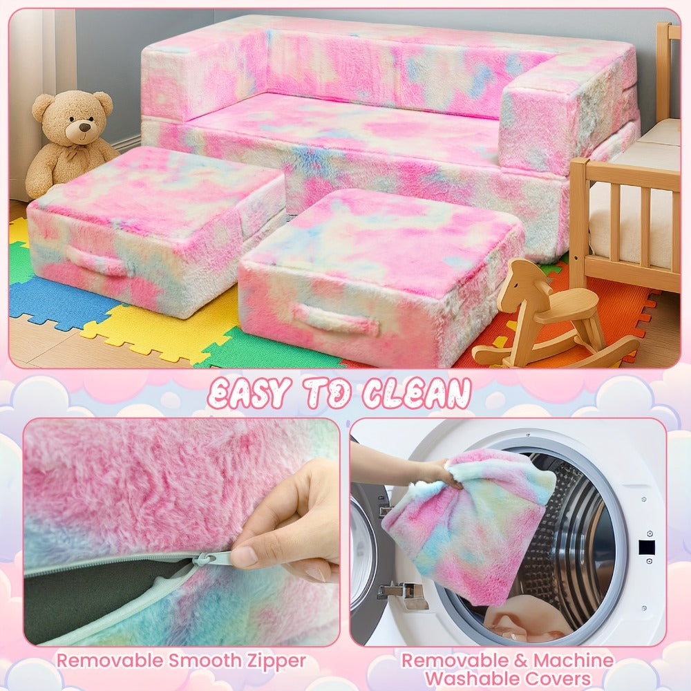 Plush-Covered Modular Kids Sofa Bed with Fold-Out Lounger, Two Ottomans and Seven Printed Options for Playrooms
