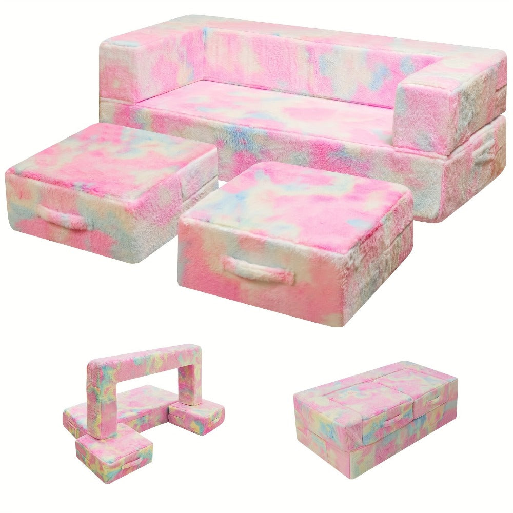 Plush-Covered Modular Kids Sofa Bed with Fold-Out Lounger, Two Ottomans and Seven Printed Options for Playrooms