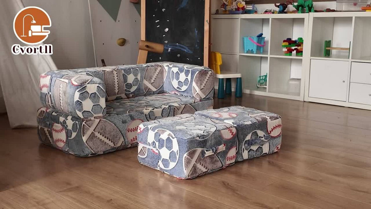 Plush-Covered Modular Kids Sofa Bed with Fold-Out Lounger, Two Ottomans and Seven Printed Options for Playrooms
