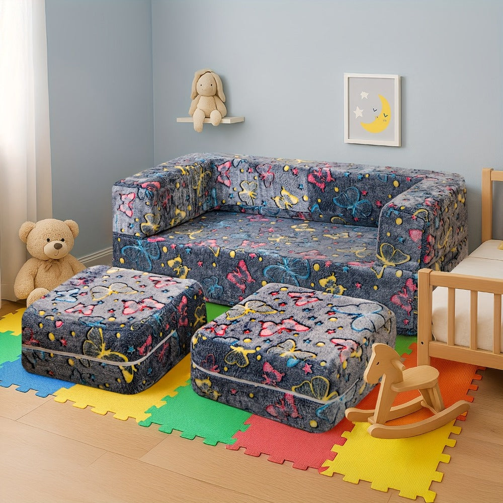 Plush-Covered Modular Kids Sofa Bed with Fold-Out Lounger, Two Ottomans and Seven Printed Options for Playrooms