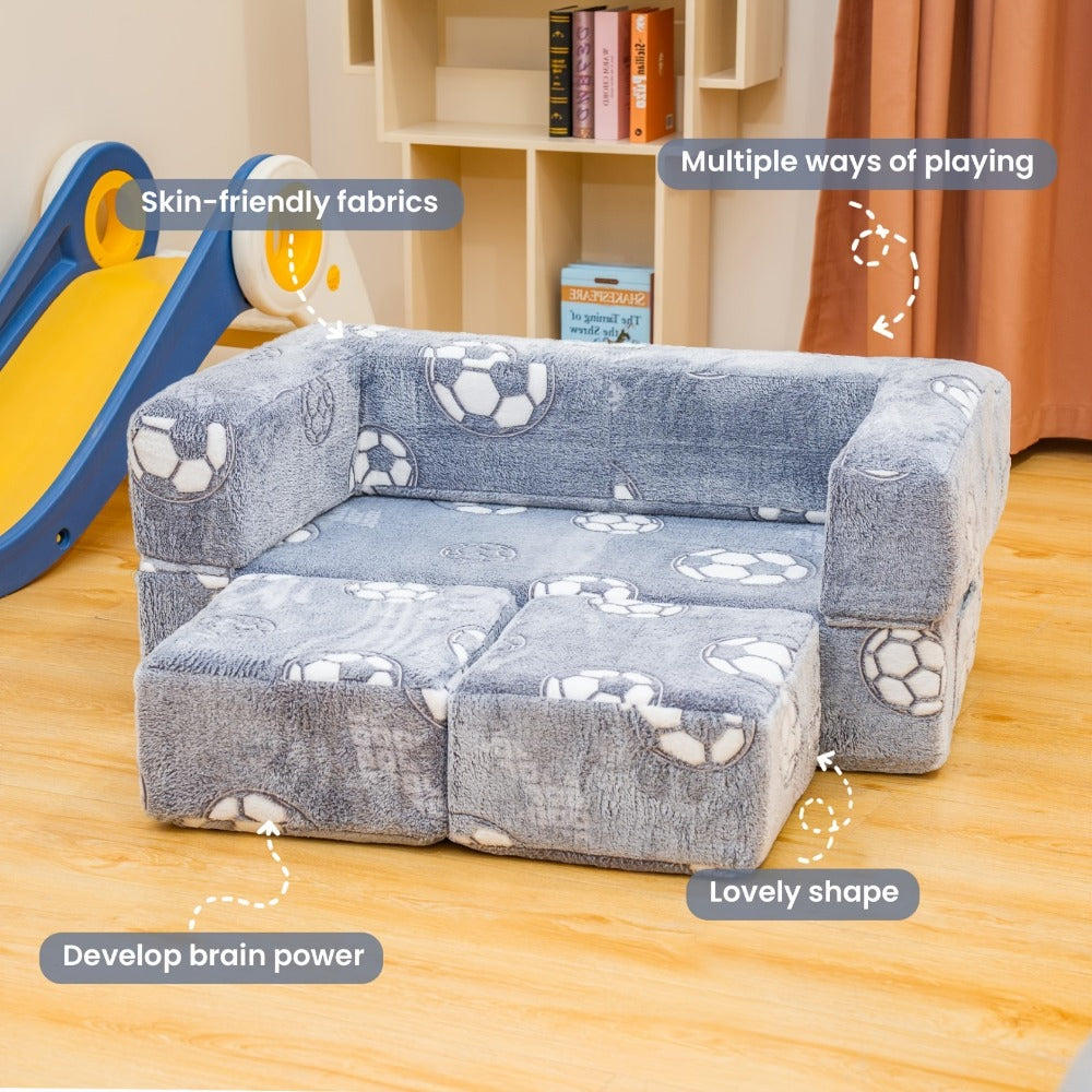 Plush-Covered Modular Kids Sofa Bed with Fold-Out Lounger, Two Ottomans and Seven Printed Options for Playrooms