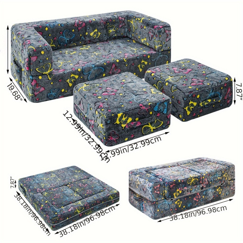 Plush-Covered Modular Kids Sofa Bed with Fold-Out Lounger, Two Ottomans and Seven Printed Options for Playrooms