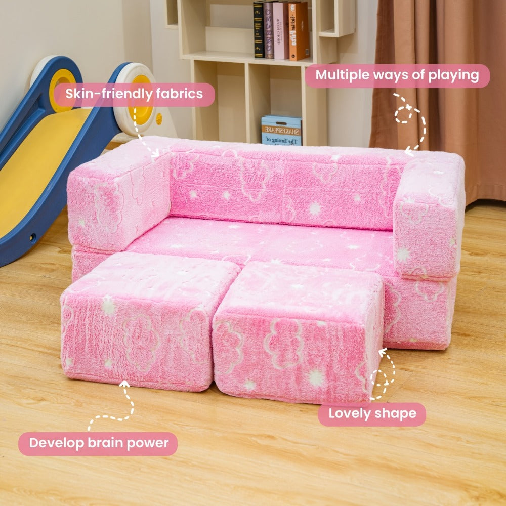 Plush-Covered Modular Kids Sofa Bed with Fold-Out Lounger, Two Ottomans and Seven Printed Options for Playrooms