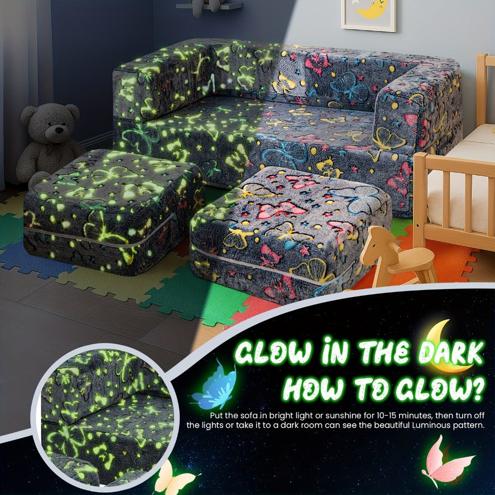 Plush-Covered Modular Kids Sofa Bed with Fold-Out Lounger, Two Ottomans and Seven Printed Options for Playrooms