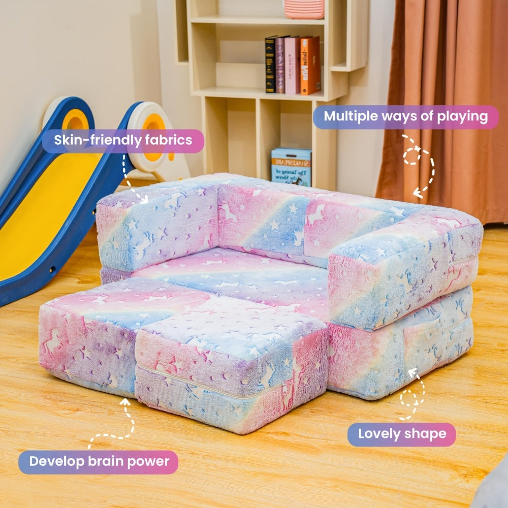 Plush-Covered Modular Kids Sofa Bed with Fold-Out Lounger, Two Ottomans and Seven Printed Options for Playrooms