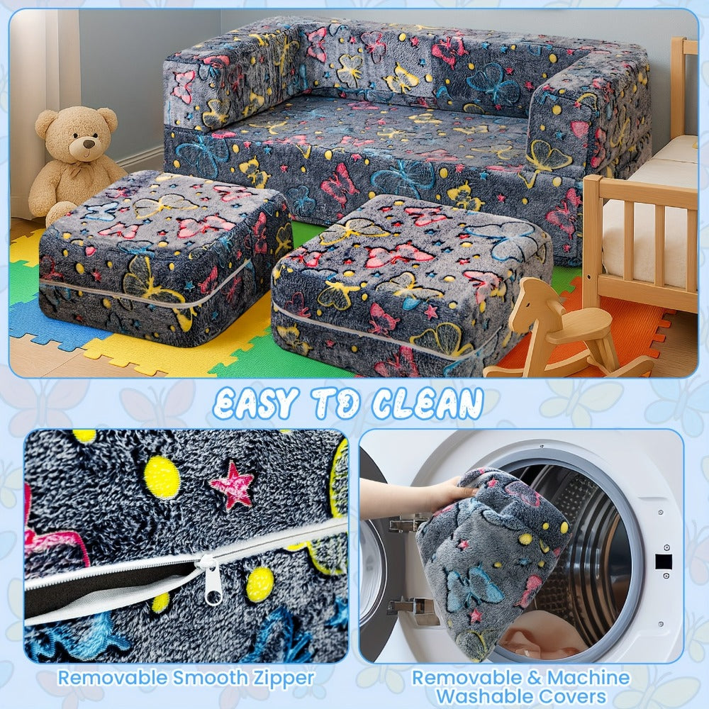 Plush-Covered Modular Kids Sofa Bed with Fold-Out Lounger, Two Ottomans and Seven Printed Options for Playrooms