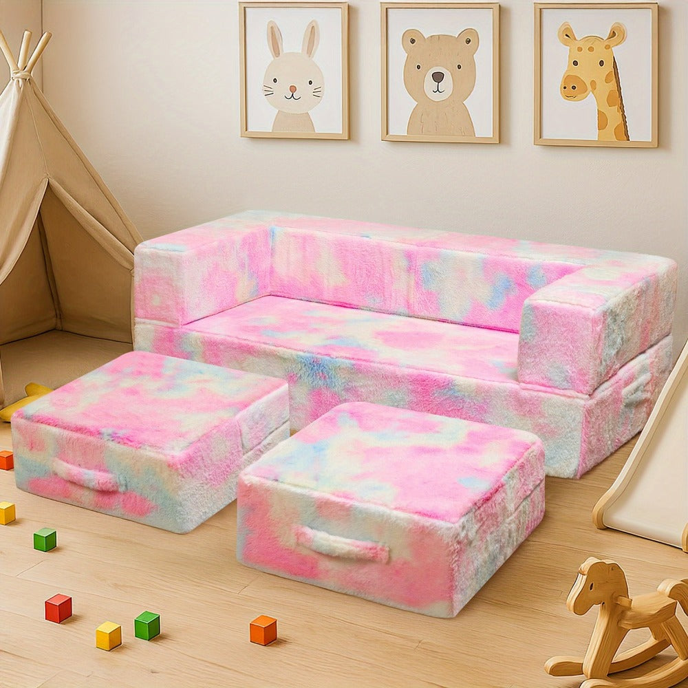 Plush-Covered Modular Kids Sofa Bed with Fold-Out Lounger, Two Ottomans and Seven Printed Options for Playrooms