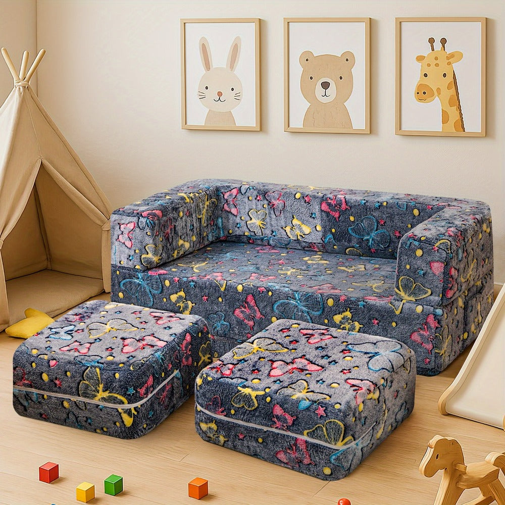 Plush-Covered Modular Kids Sofa Bed with Fold-Out Lounger, Two Ottomans and Seven Printed Options for Playrooms