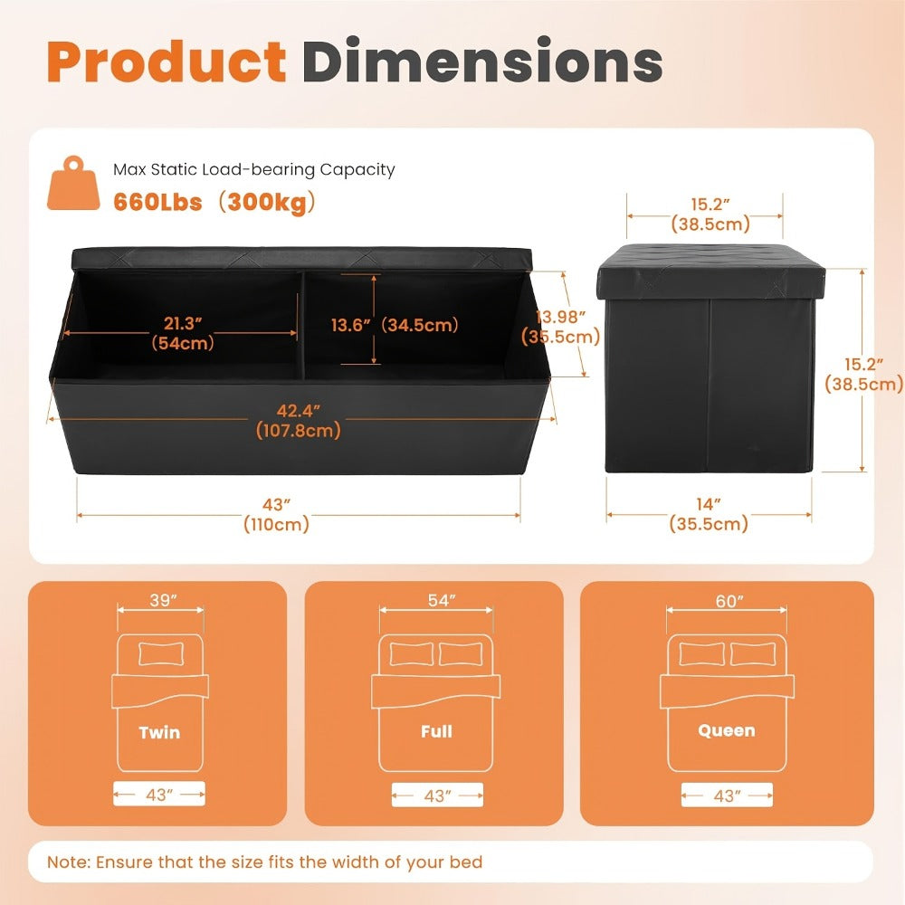 Ottoman Folding Storage Bench in 30- or 43-Inch Widths with Lift-Off Lid, Divider Options and Six Colors