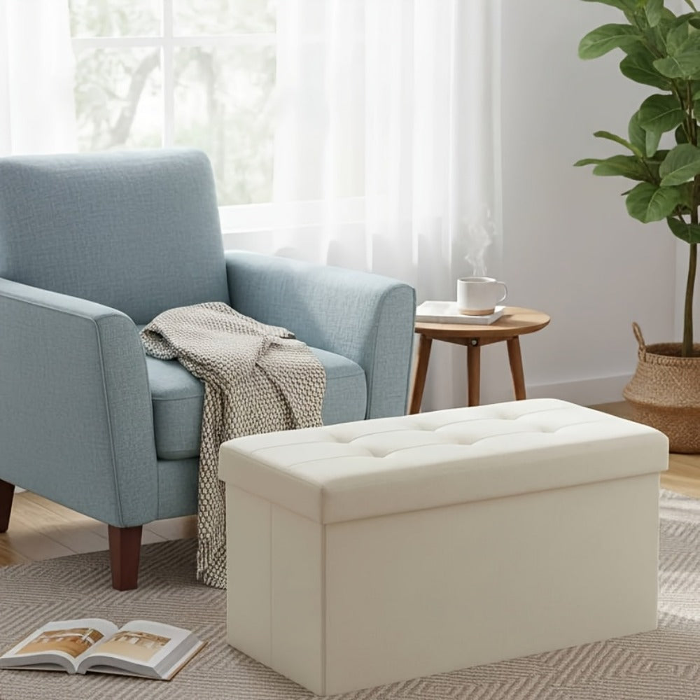 Ottoman Folding Storage Bench in 30- or 43-Inch Widths with Lift-Off Lid, Divider Options and Six Colors