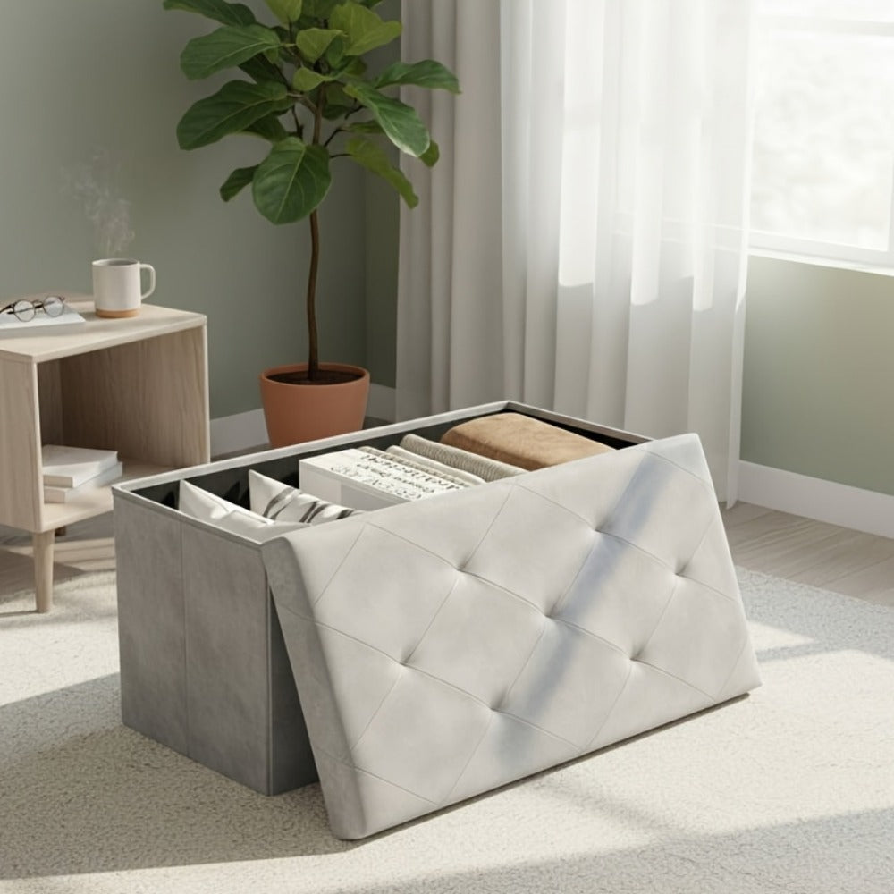 Ottoman Folding Storage Bench in 30- or 43-Inch Widths with Lift-Off Lid, Divider Options and Six Colors