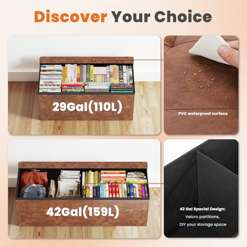 Ottoman Folding Storage Bench in 30- or 43-Inch Widths with Lift-Off Lid, Divider Options and Six Colors