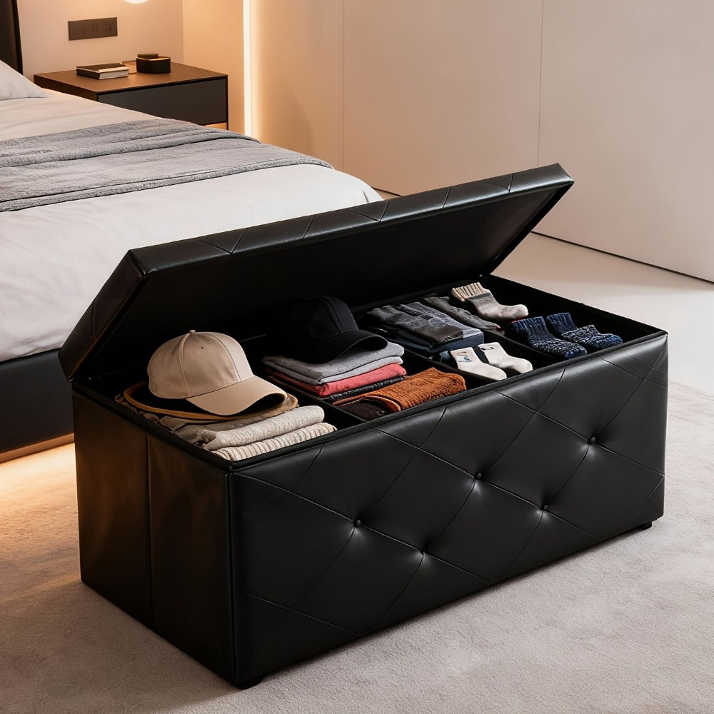Ottoman Folding Storage Bench in 30- or 43-Inch Widths with Lift-Off Lid, Divider Options and Six Colors