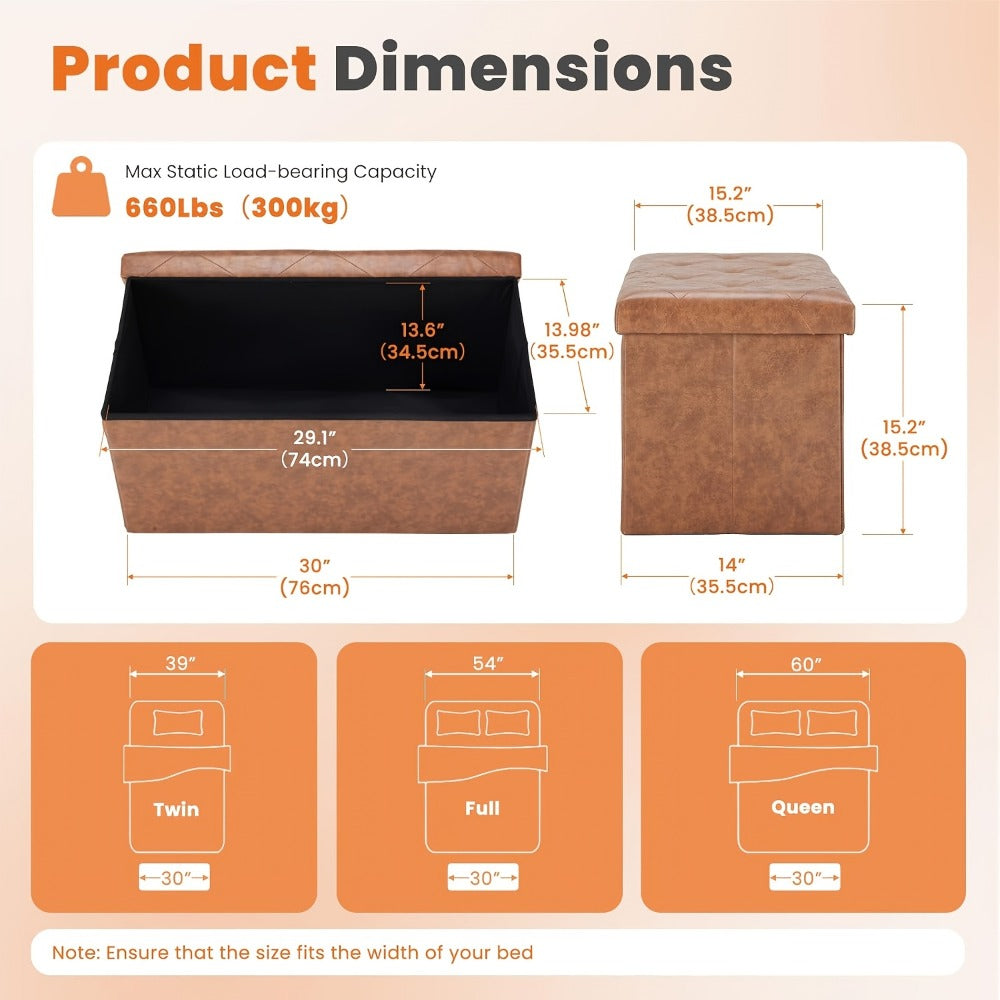 Ottoman Folding Storage Bench in 30- or 43-Inch Widths with Lift-Off Lid, Divider Options and Six Colors