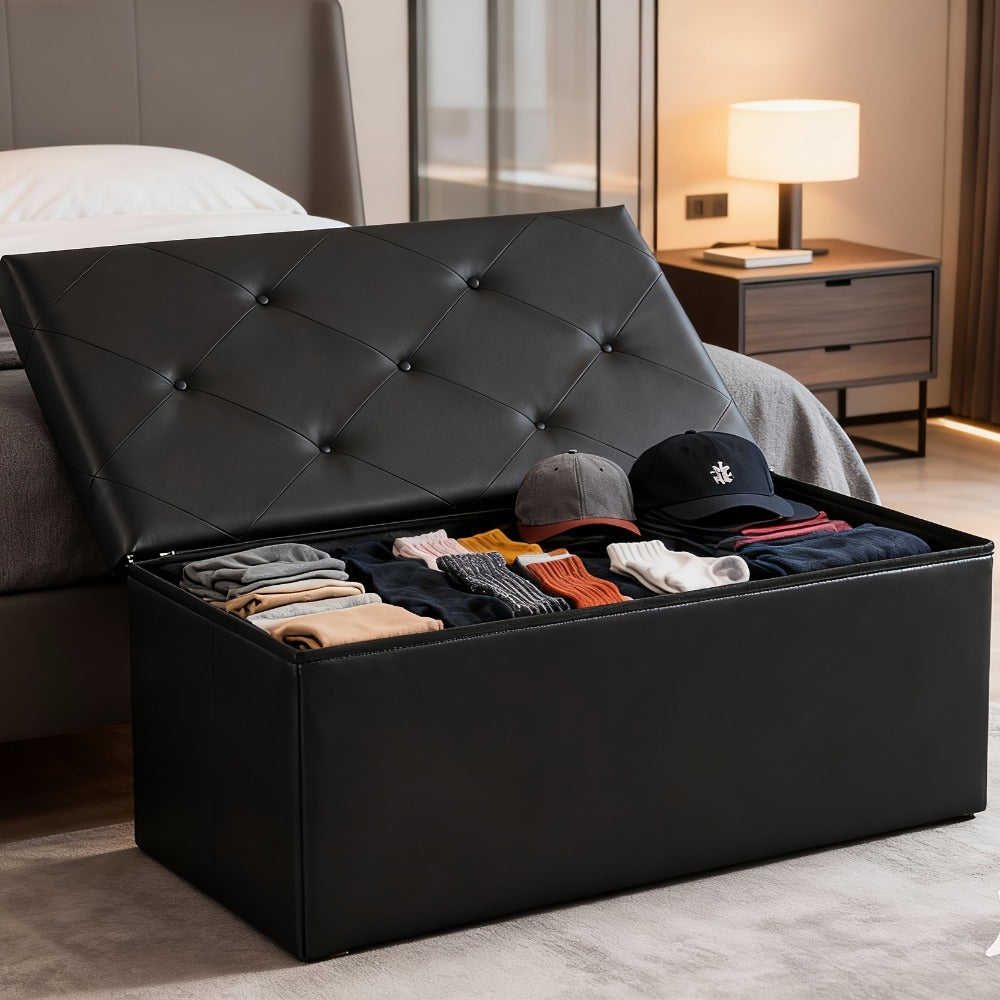 Ottoman Folding Storage Bench in 30- or 43-Inch Widths with Lift-Off Lid, Divider Options and Six Colors
