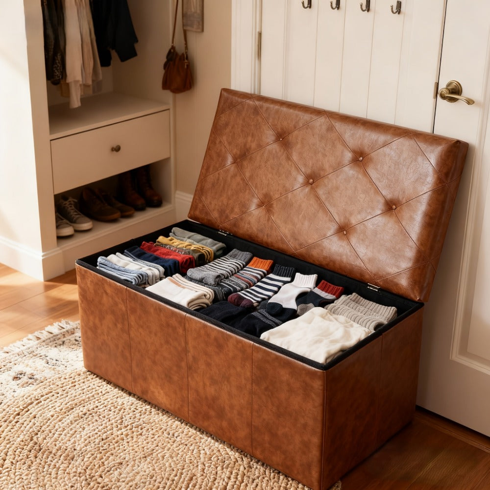 Ottoman Folding Storage Bench in 30- or 43-Inch Widths with Lift-Off Lid, Divider Options and Six Colors