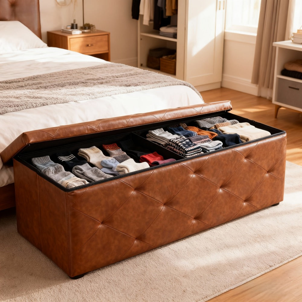 Ottoman Folding Storage Bench in 30- or 43-Inch Widths with Lift-Off Lid, Divider Options and Six Colors