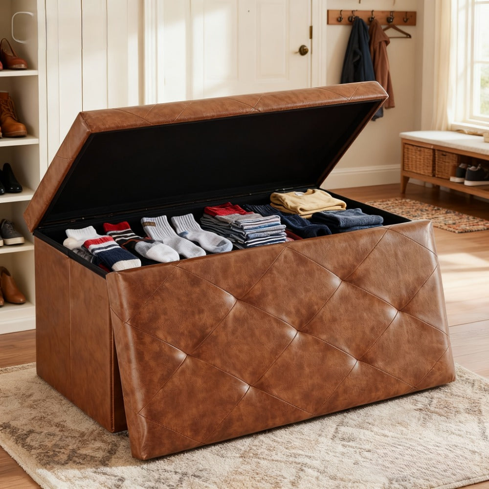 Ottoman Folding Storage Bench in 30- or 43-Inch Widths with Lift-Off Lid, Divider Options and Six Colors