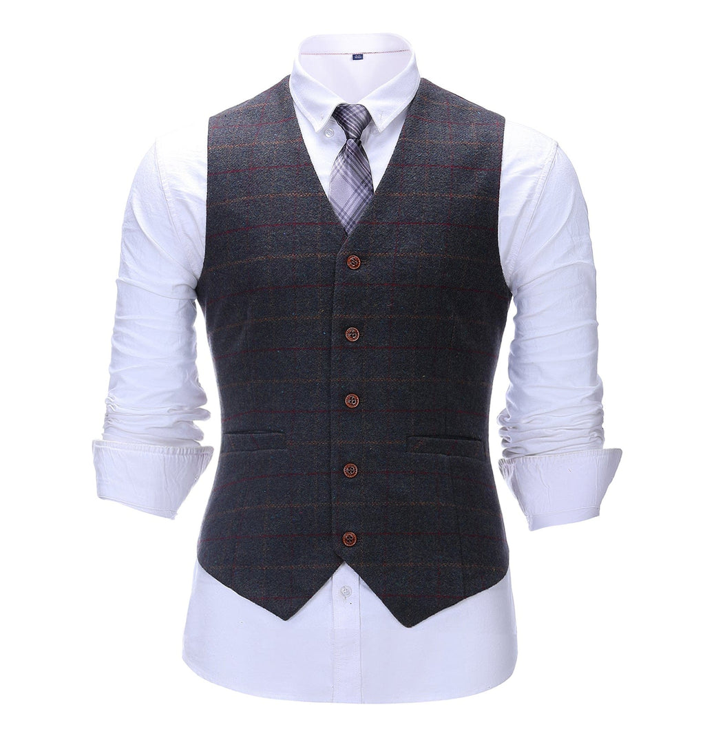 Formal Men's Suit Vest Tweed Plaid V Neck Waistcoat
