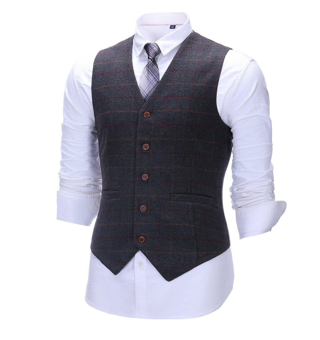 Formal Men's Suit Vest Tweed Plaid V Neck Waistcoat