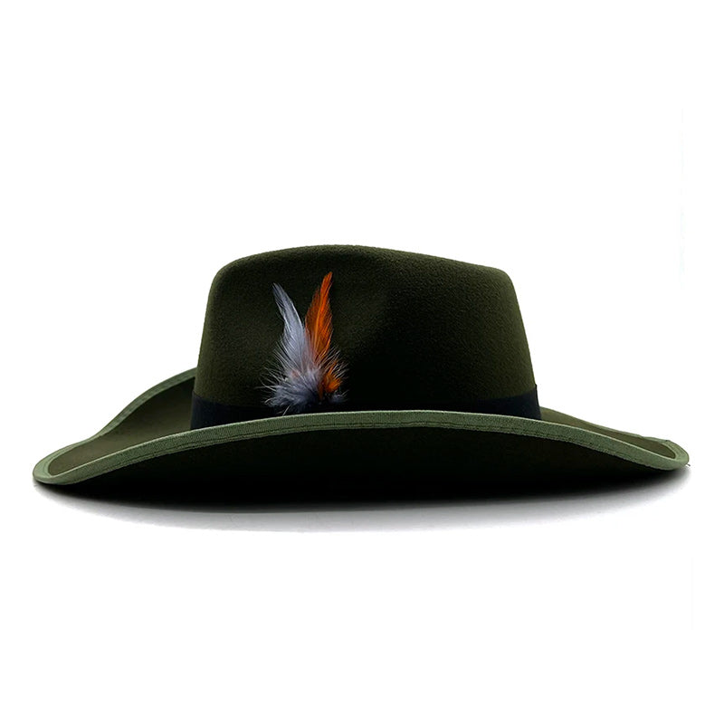 Wide Brim Wool Felt Fedora Hat with Colorful Feathers and Black Hatband