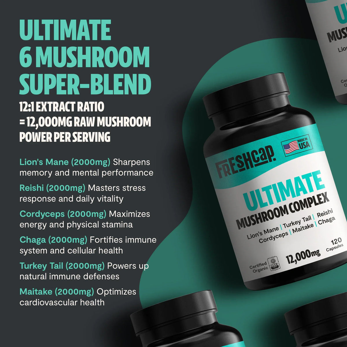 Organic Mushroom Complex Supplement Capsules Daily Wellness Formula