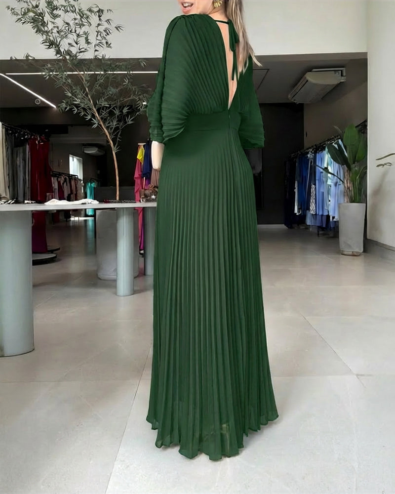 Deep V-Neck Batwing Sleeve High Waist Pleated Maxi Dress Casual Cinched Waist Backless Tied Detail Zipper Back Evening Dress