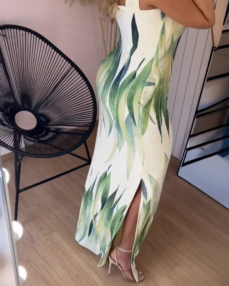 Maxikleid mit Pflanzenmuster, eckigem Ausschnitt, breiten Trägern, Seitenschlitz und Taschen, lässige Slim-Fit-Passform, Urlaubskleid