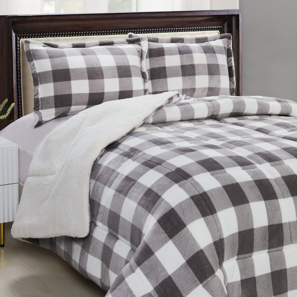Elegant Comfort 3-Piece Buffalo Micro-Suede Reversible Sherpa - Lodge-Plaid Pattern Comforter Set
