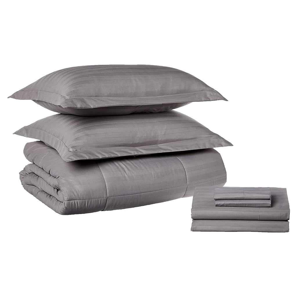 Elegant Comfort 8-Piece Dobby Stripe Comforter Set - Includes 4-Piece Sheet Set with Double Sided Storage Pockets