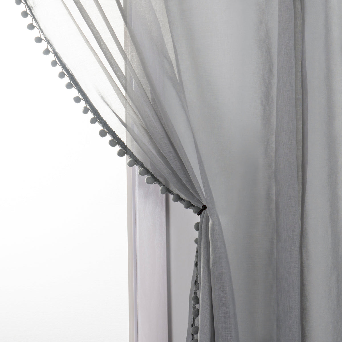 Elegant Comfort Set of 2 Pom Pom Tasseled Sheer Curtain - Rod Pocket