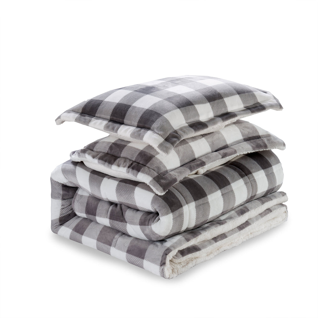 Elegant Comfort 3-Piece Buffalo Micro-Suede Reversible Sherpa - Lodge-Plaid Pattern Comforter Set
