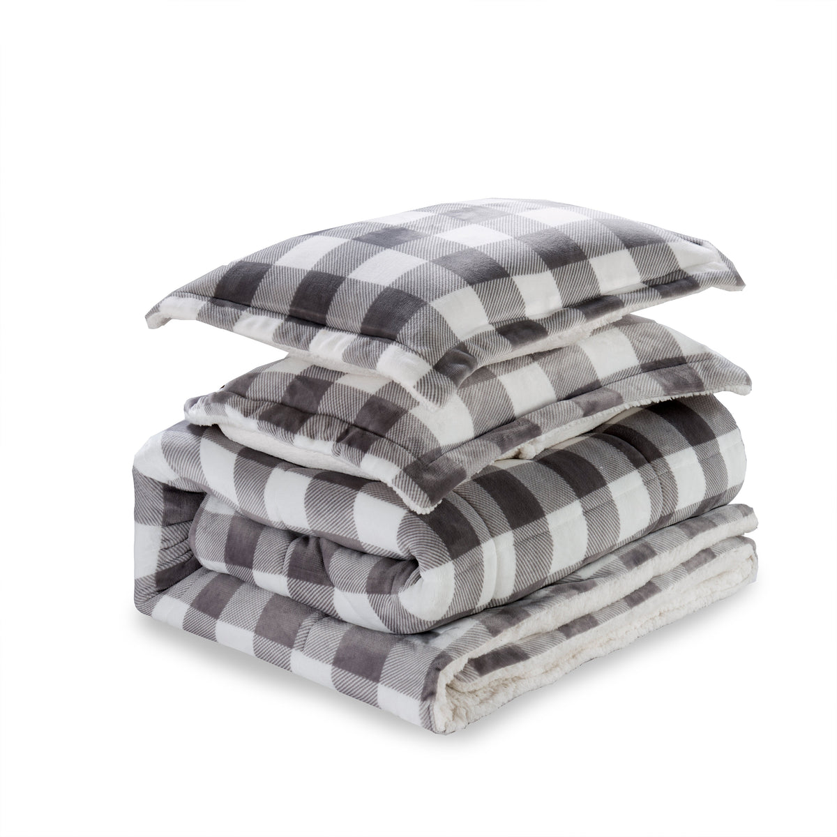 Elegant Comfort 3-Piece Buffalo Micro-Suede Reversible Sherpa - Lodge-Plaid Pattern Comforter Set
