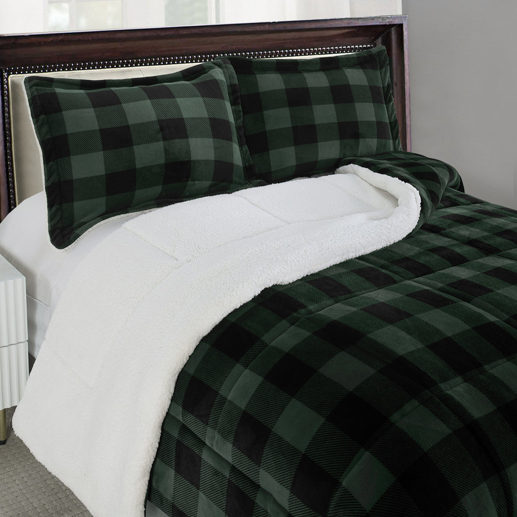Elegant Comfort 3-Piece Buffalo Micro-Suede Reversible Sherpa - Lodge-Plaid Pattern Comforter Set