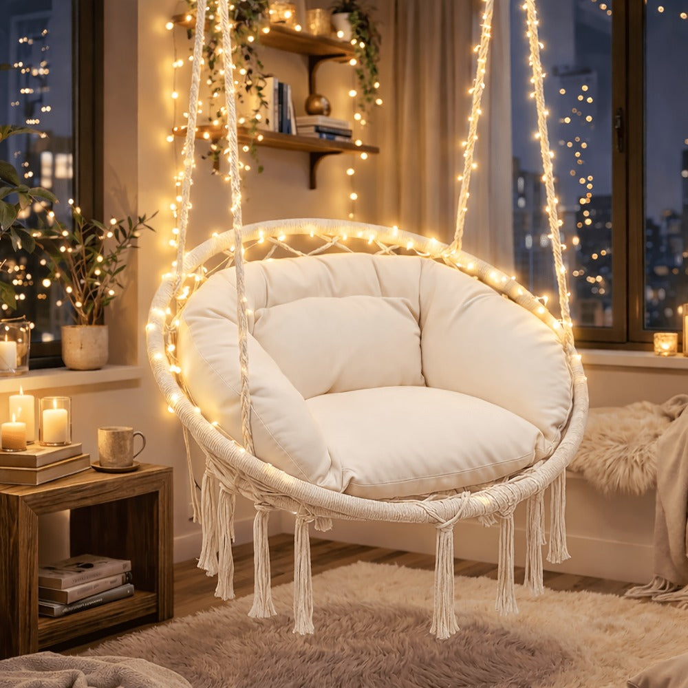 Hanging Chair with Macrame Weave and Mounting Kit for Living Room