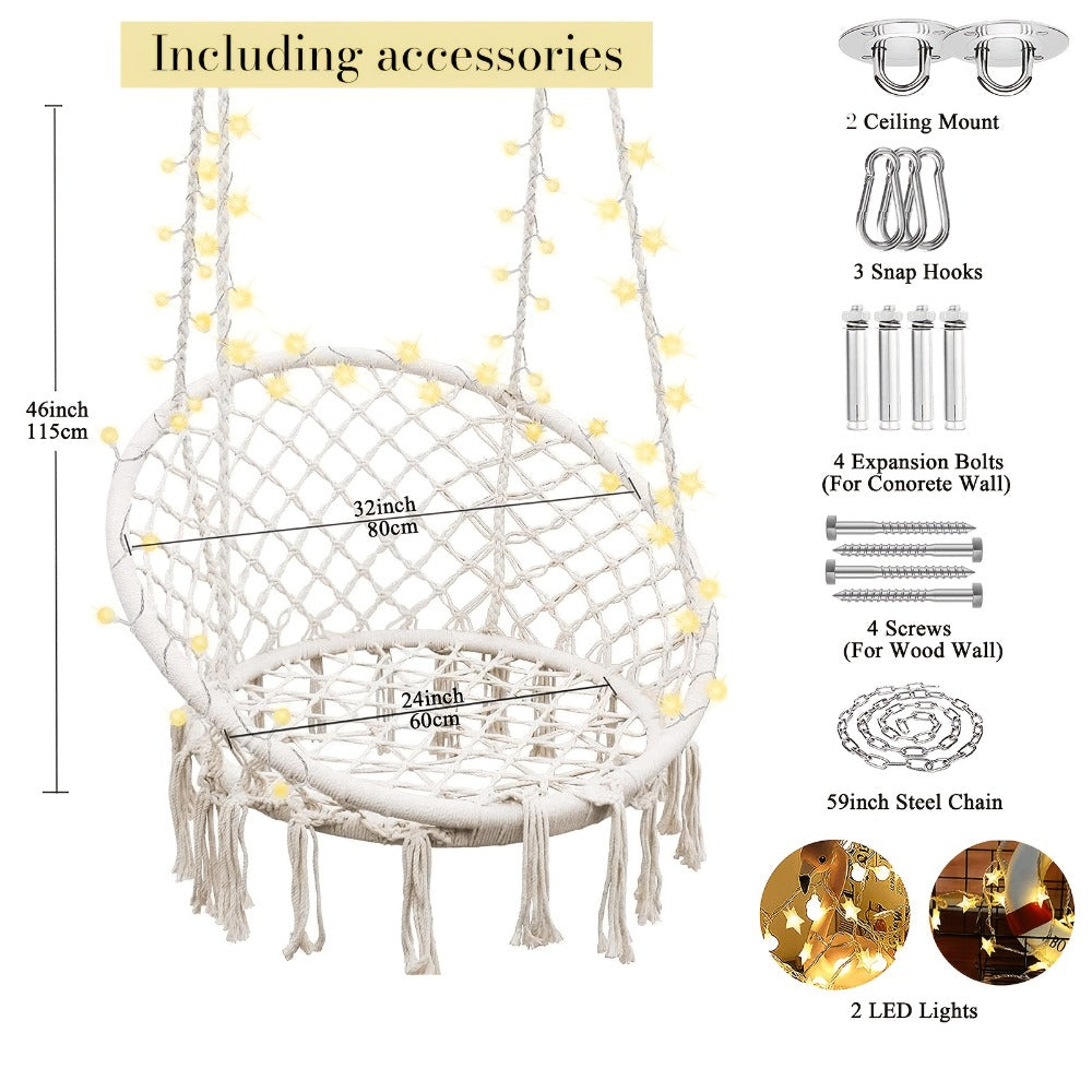 Hanging Chair with Macrame Weave and Mounting Kit for Living Room