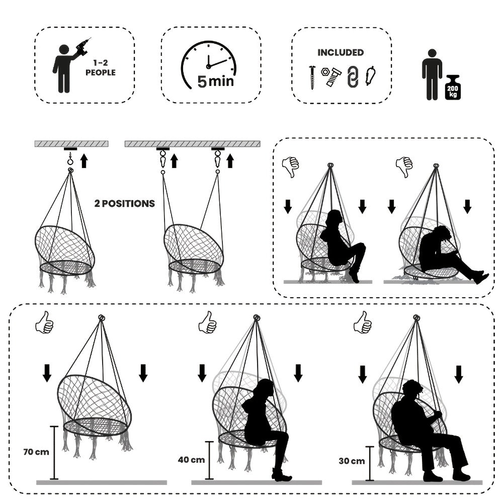 Hanging Chair with Macrame Weave and Mounting Kit for Living Room