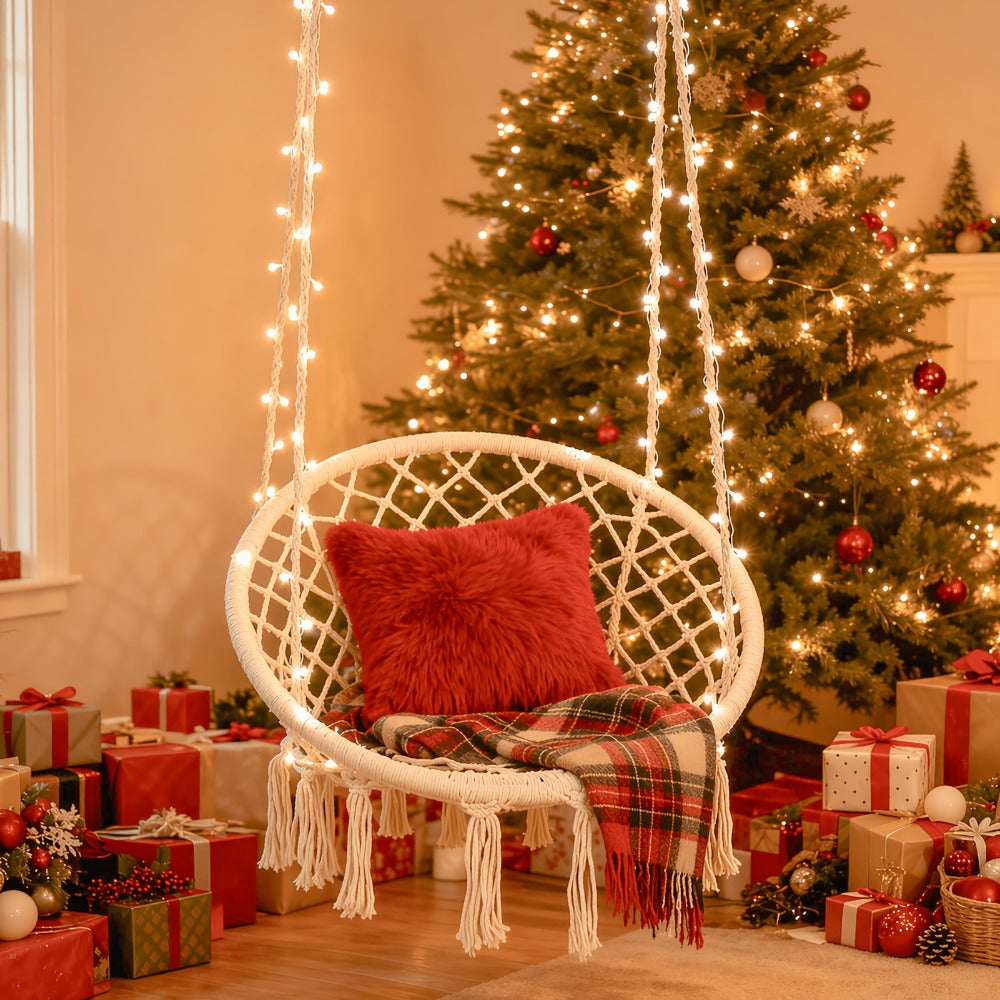 Hanging Chair with Macrame Weave and Mounting Kit for Living Room