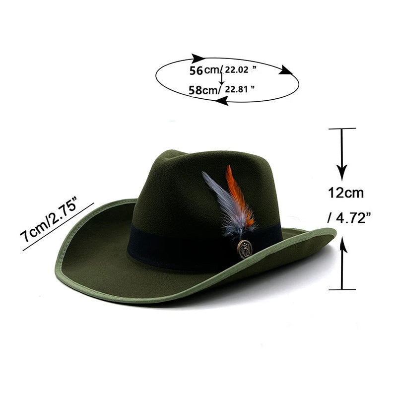 Wide Brim Wool Felt Fedora Hat with Colorful Feathers and Black Hatband