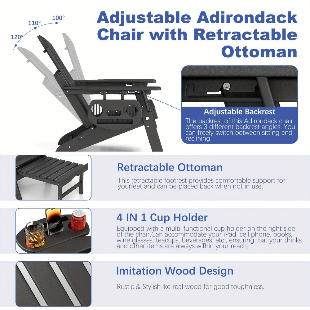 HDPE Adirondack Chair with Weather-Resistant Finish and Adjustable Backrest for Patio