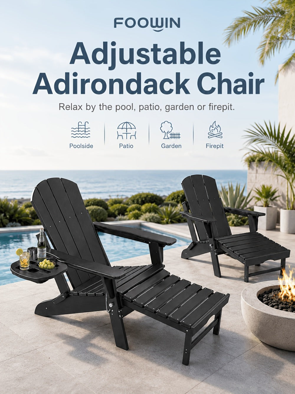 HDPE Adirondack Chair with Weather-Resistant Finish and Adjustable Backrest for Patio