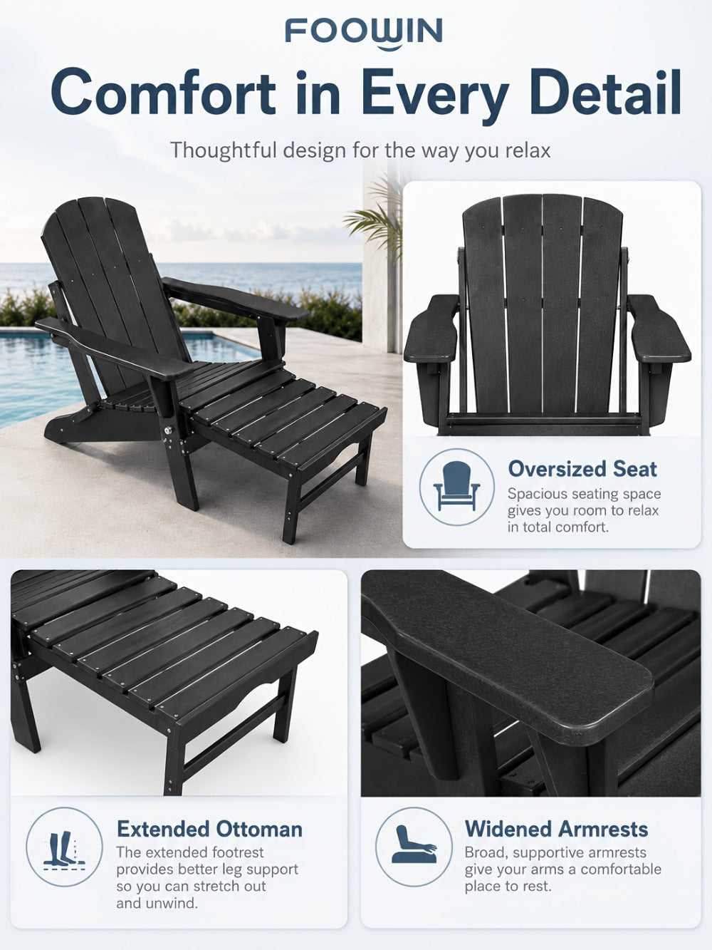 HDPE Adirondack Chair with Weather-Resistant Finish and Adjustable Backrest for Patio