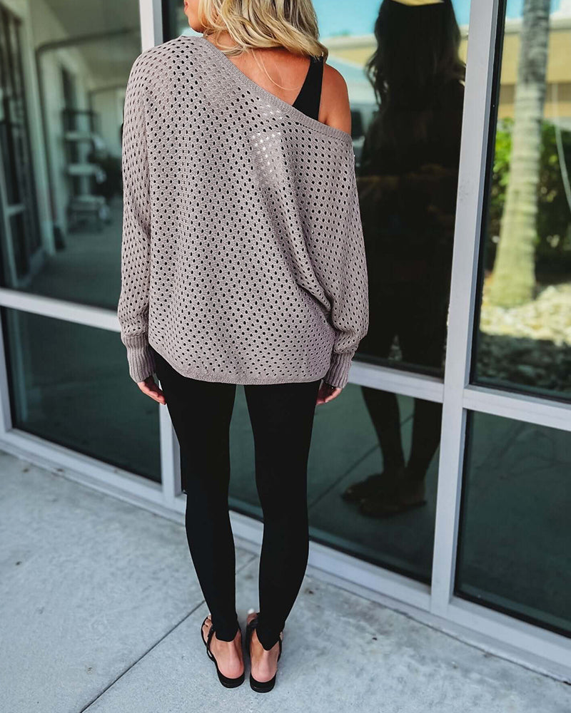 Women's Hollow-out Knit Sweater Skew Neck Loose Batwing Sleeve Top Casual Long Sleeve Knit Top