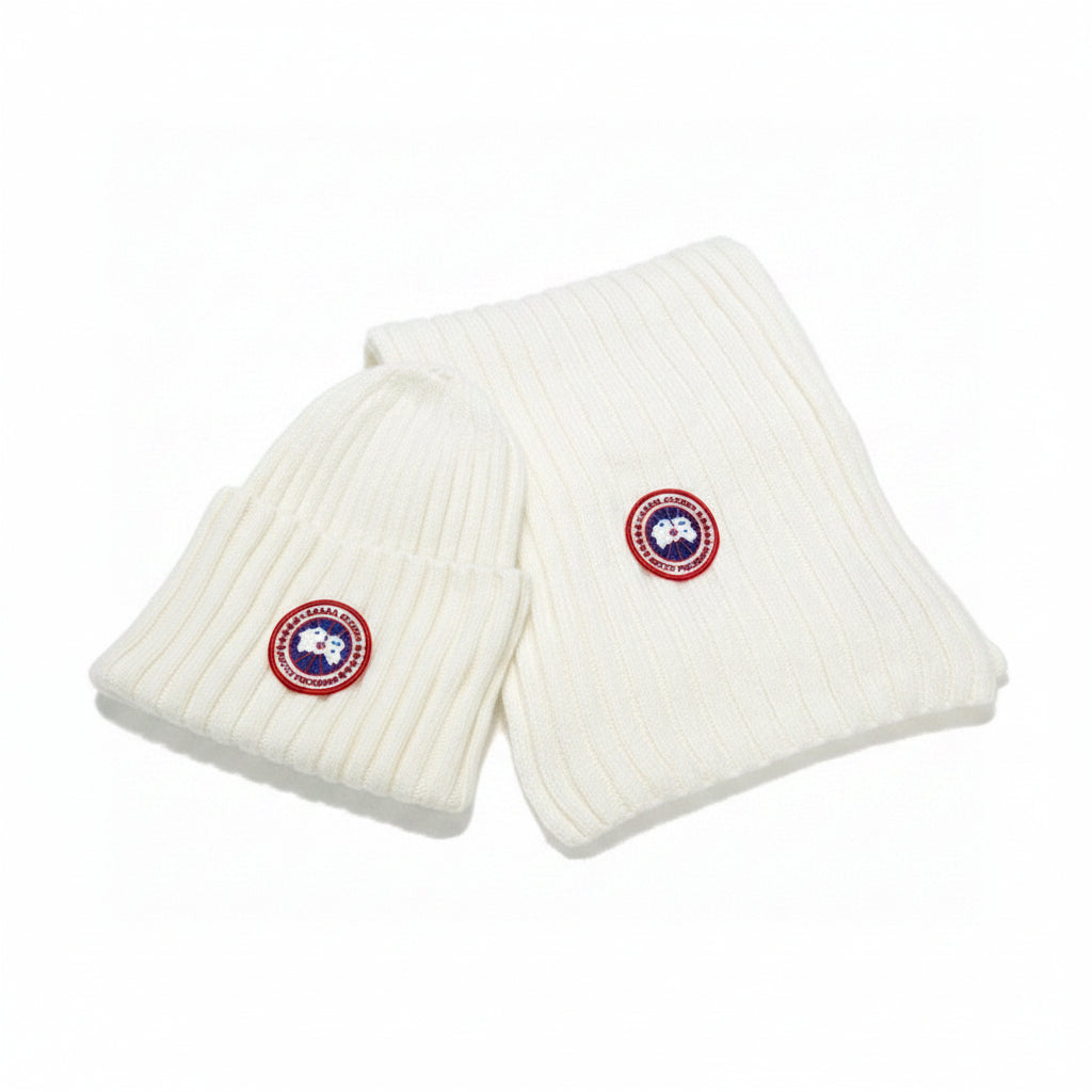 Canada Goose White Ribbed Knit Beanie & Scarf Set