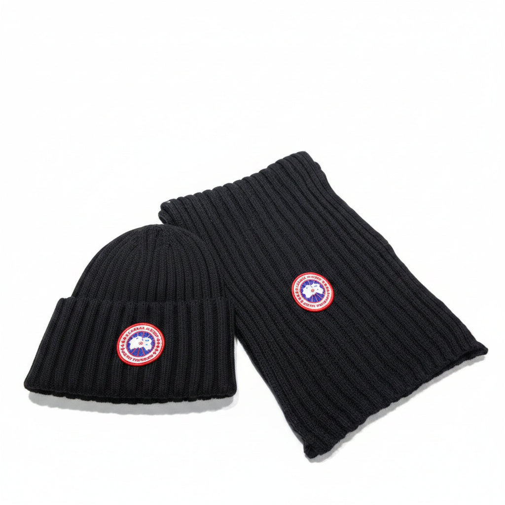 Canada Goose Black Ribbed Knit Beanie & Scarf Set