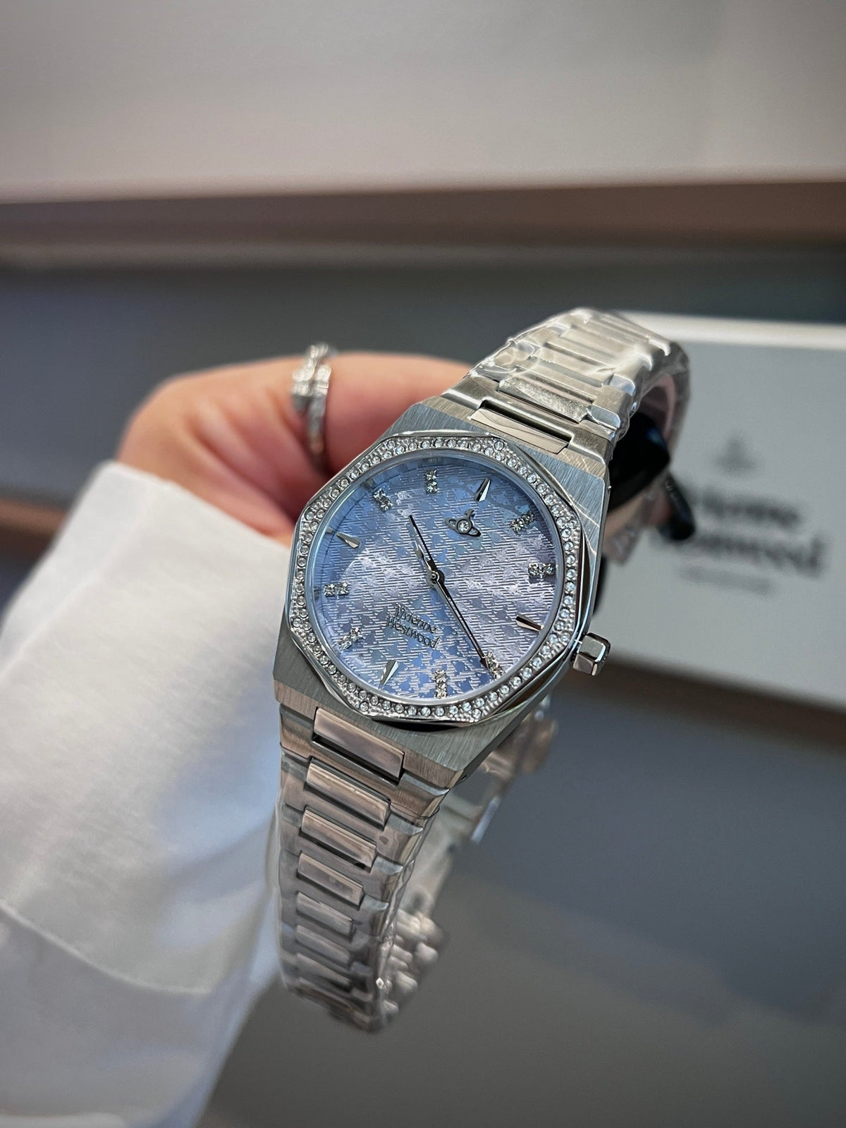 Vivienne Westwood Ladies Watch – Silver Blue Tartan Dial Crystal Bezel