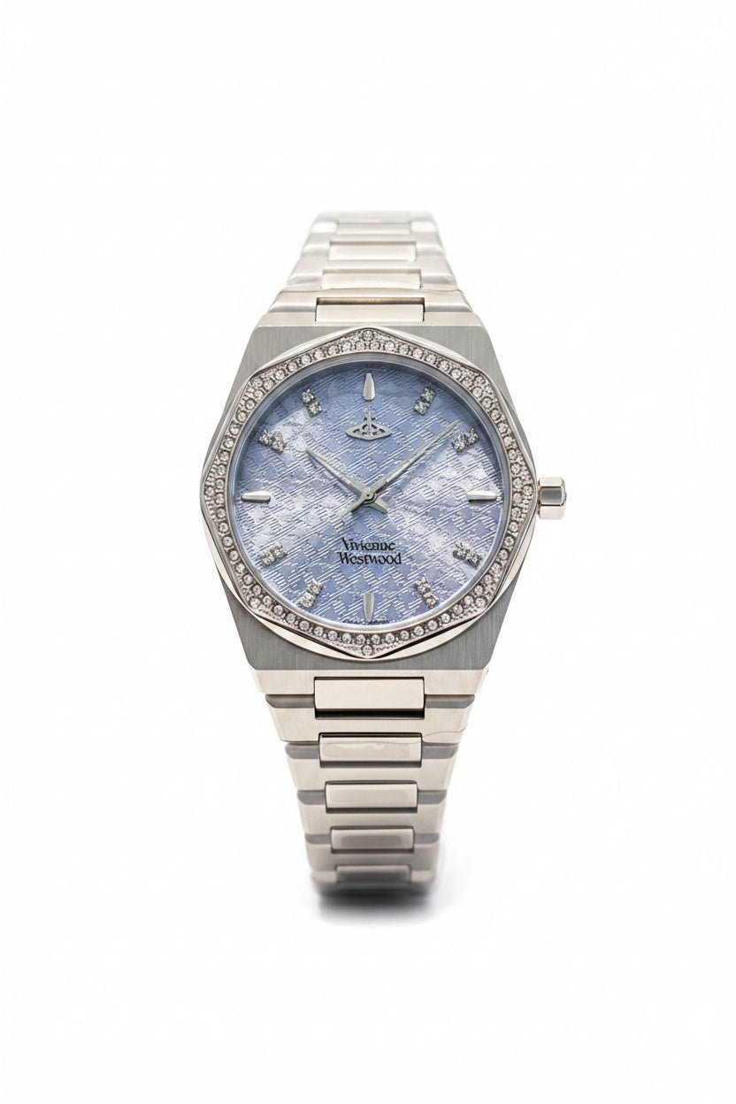Vivienne Westwood Ladies Watch – Silver Blue Tartan Dial Crystal Bezel