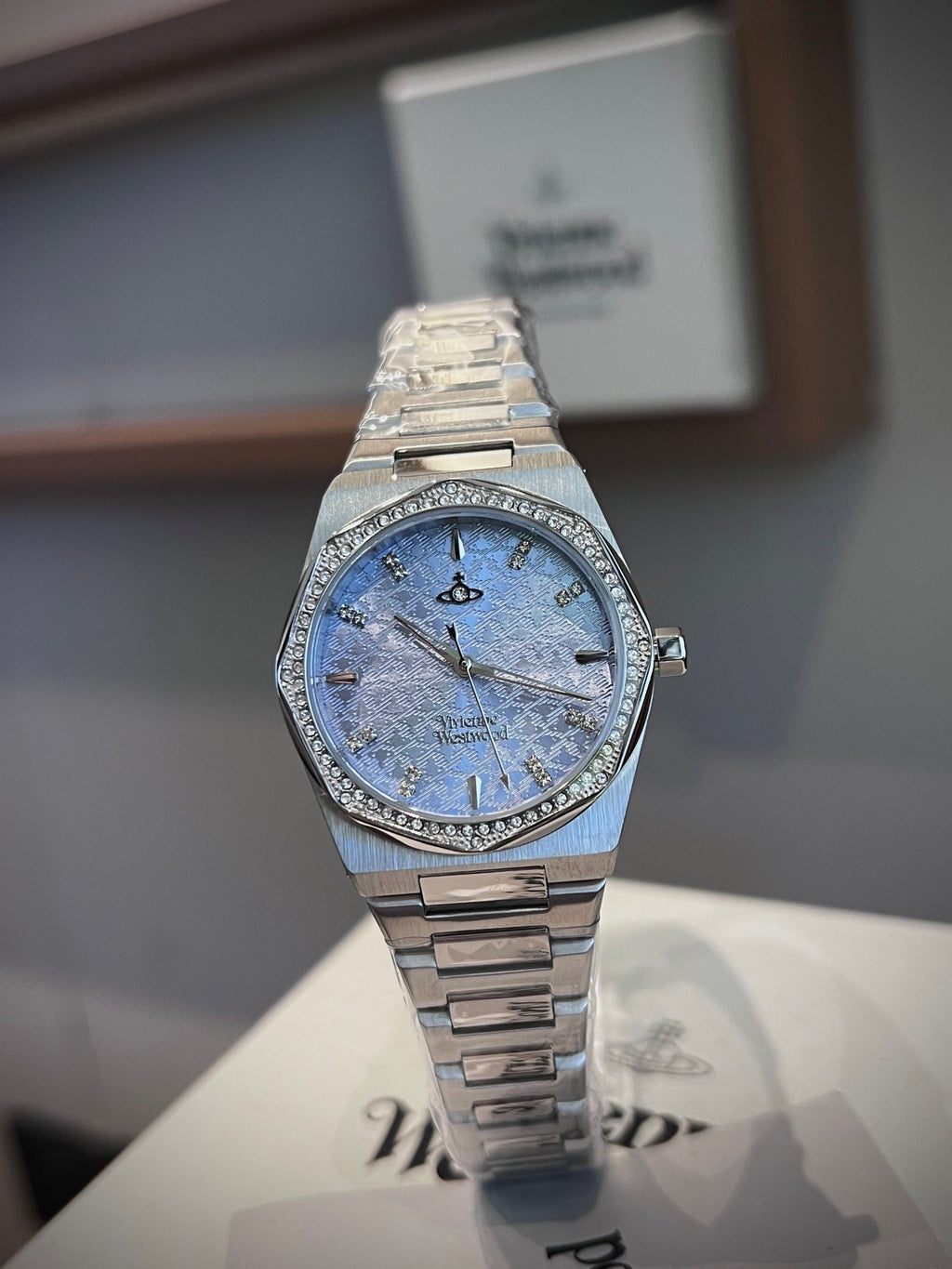 Vivienne Westwood Ladies Watch – Silver Blue Tartan Dial Crystal Bezel