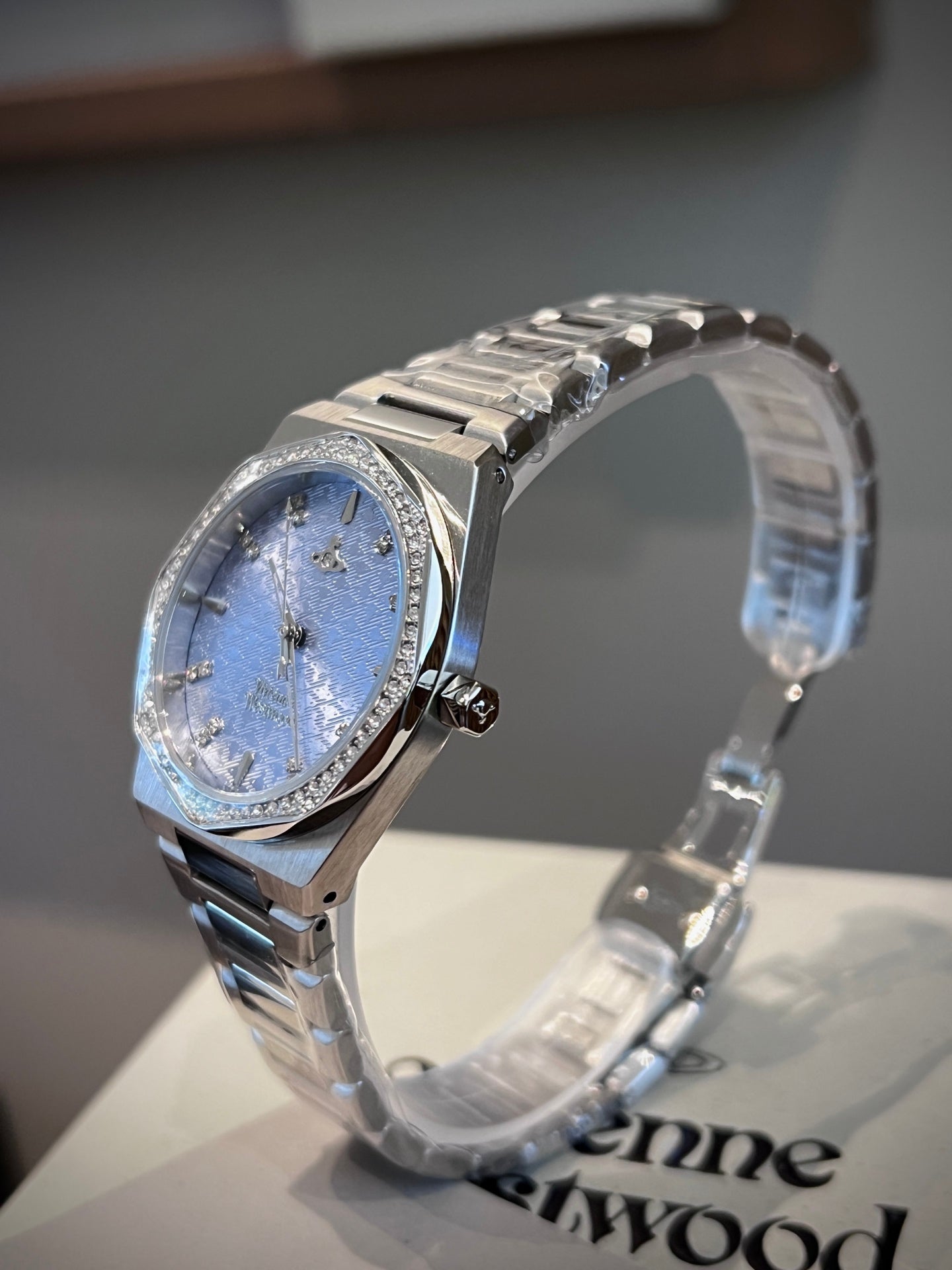 Vivienne Westwood Ladies Watch – Silver Blue Tartan Dial Crystal Bezel
